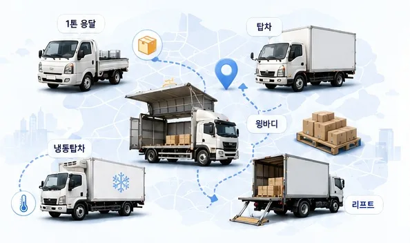 1톤 용달, 탑차, 윙바디, 냉동탑차와 리프트 차량을 보여주는 화물운송 이미지